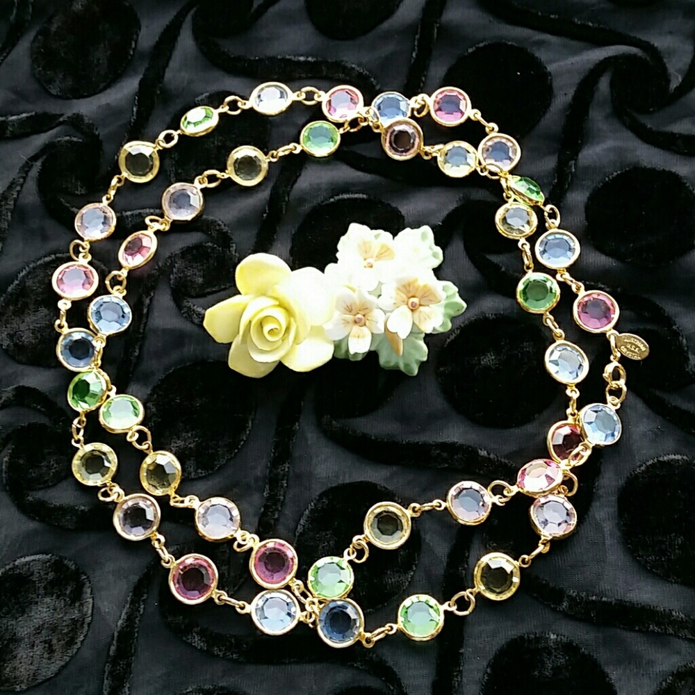Austrian Crystals Signed Necklace Multicolored Goldtone